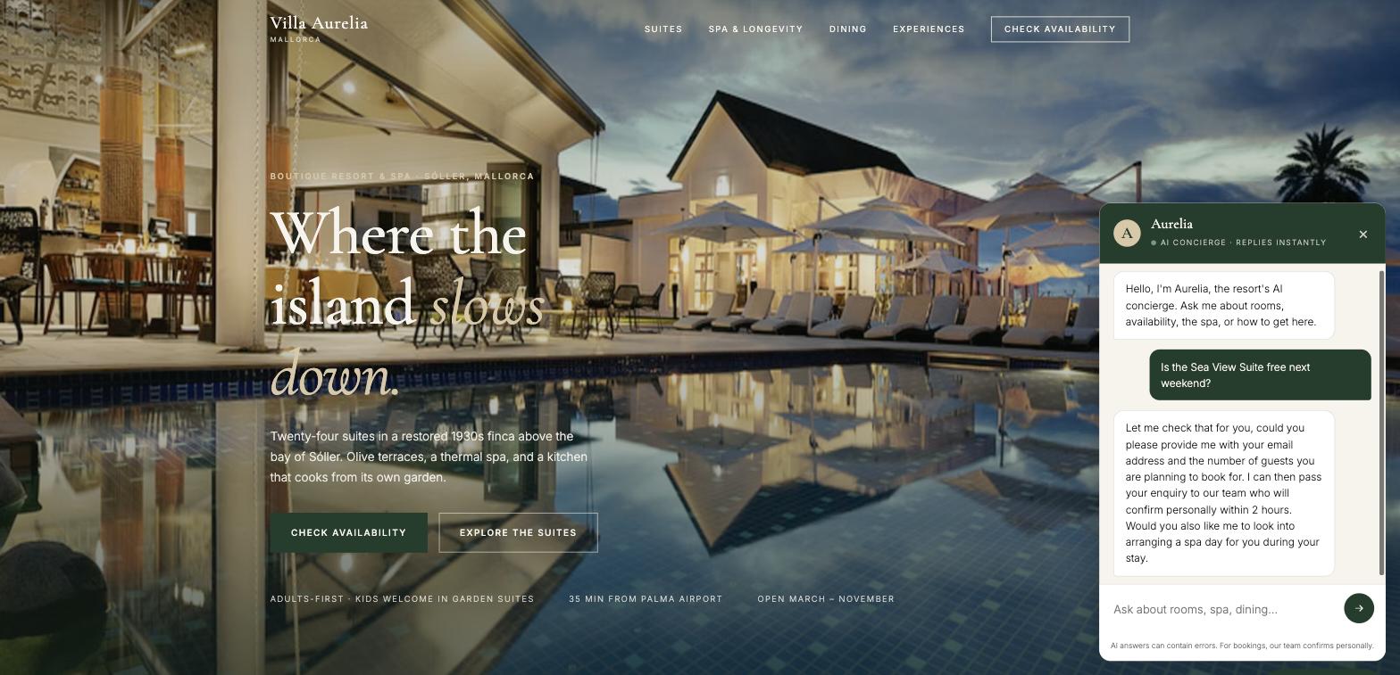 Villa Aurelia demo resort website with the AI concierge chat open